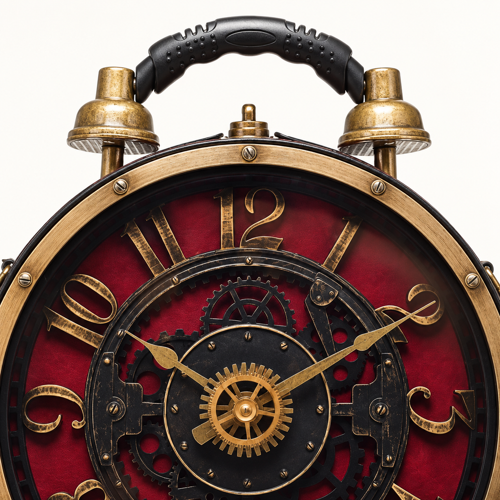 AI-enhanced detail view of burgundy steampunk bag with black handle and antique brass-tone clock-face detailing