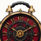 AI-enhanced detail view of burgundy steampunk bag with black handle and antique brass-tone clock-face detailing