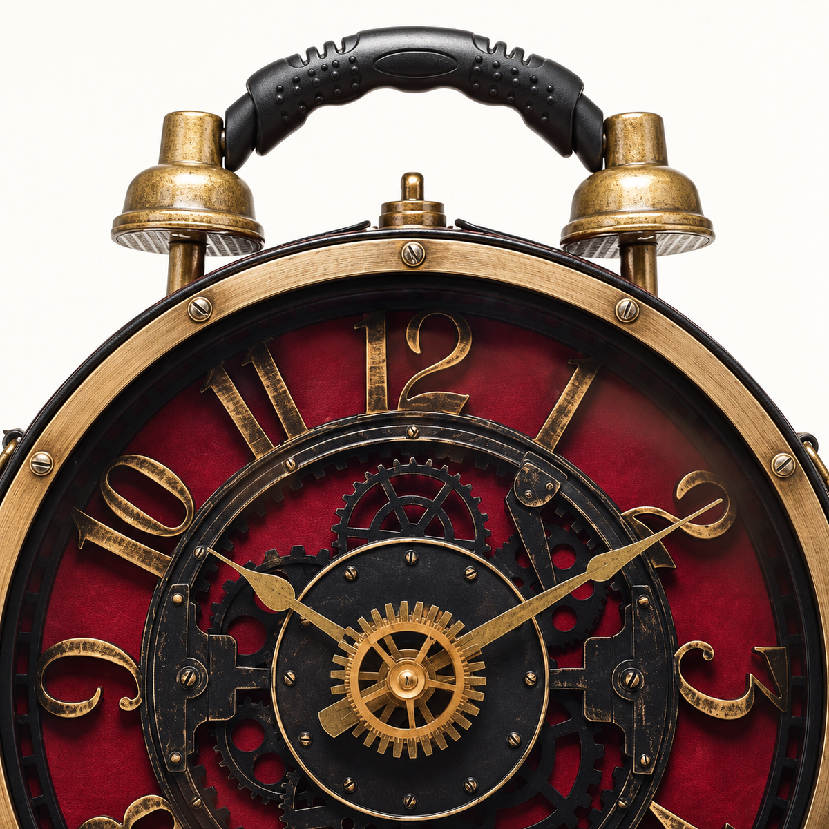AI-enhanced detail view of burgundy steampunk bag with black handle and antique brass-tone clock-face detailing