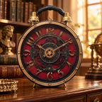 AI-generated scene showing burgundy steampunk pocket watch handbag on a wooden console in a vintage study