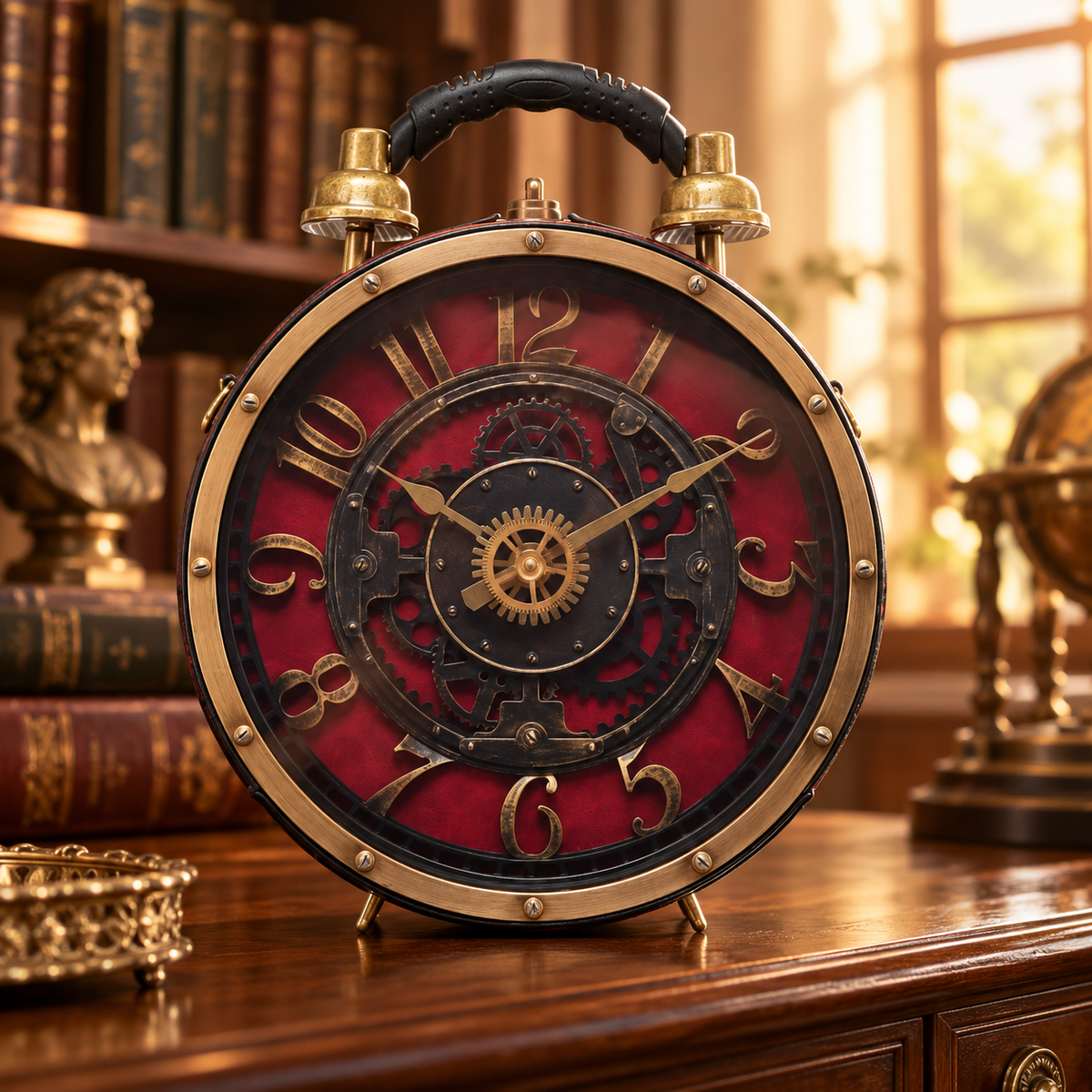 AI-generated scene showing burgundy steampunk pocket watch handbag on a wooden console in a vintage study