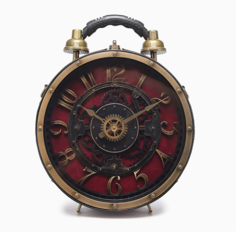 Burgundy steampunk pocket watch handbag with antique brass-tone clock face and black handle on a white background