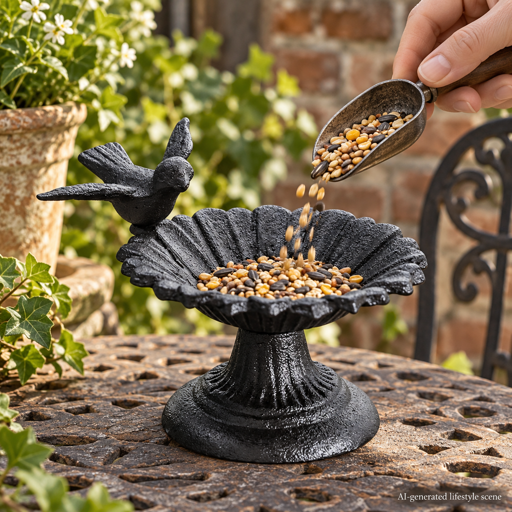 AI-generated lifestyle scene of a person adding birdseed to a cast iron flower feeder