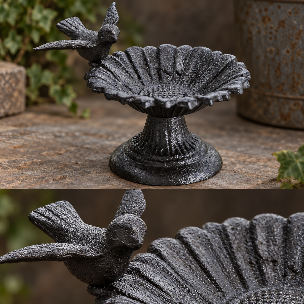 Close-up of sculpted bird fluted flower rim and textured cast iron