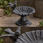 Close-up of sculpted bird fluted flower rim and textured cast iron