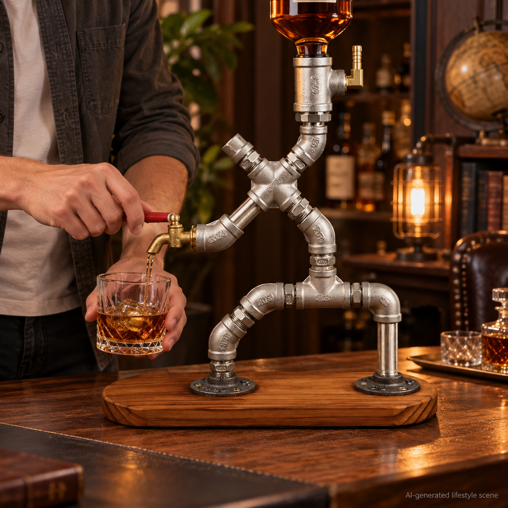 AI-generated lifestyle scene of an adult operating a steampunk pipe liquor dispenser