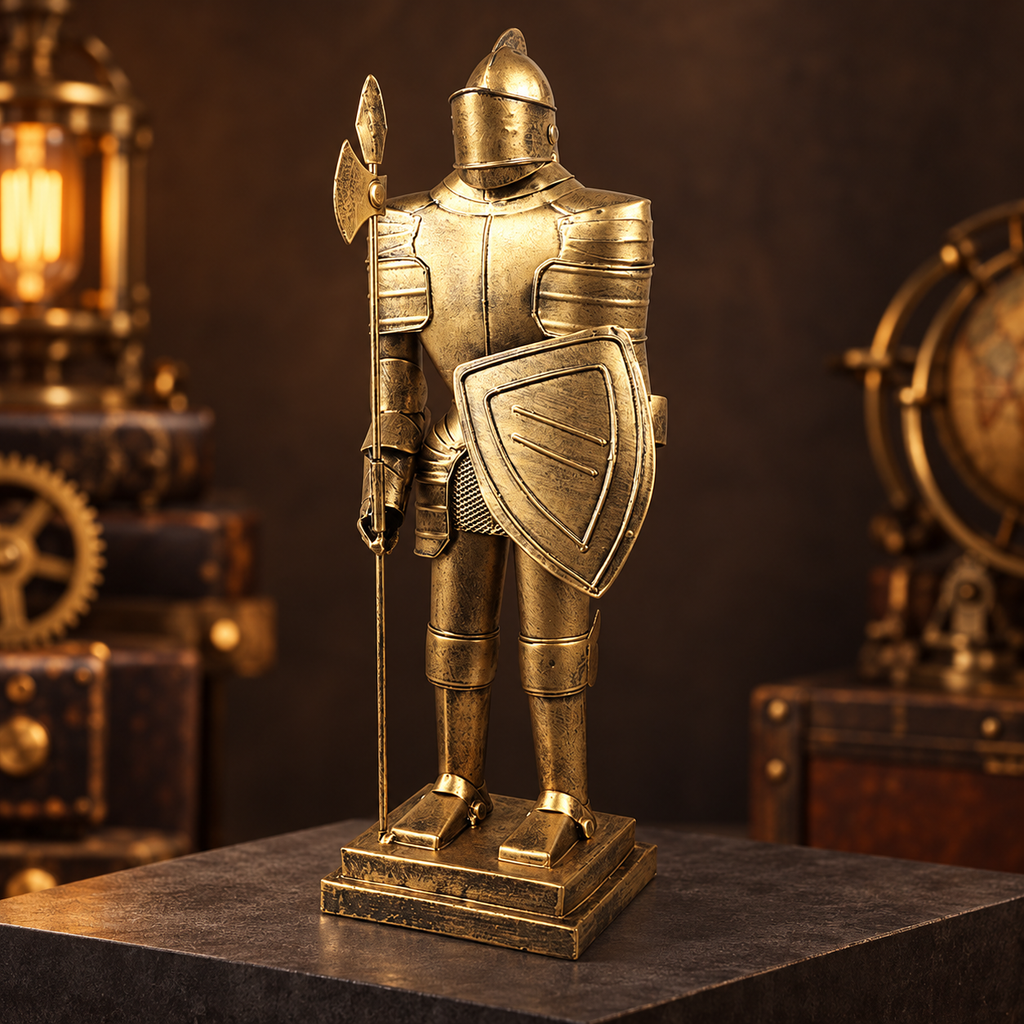 Antique gold-tone metal knight statue on a dark display plinth in a steampunk setting