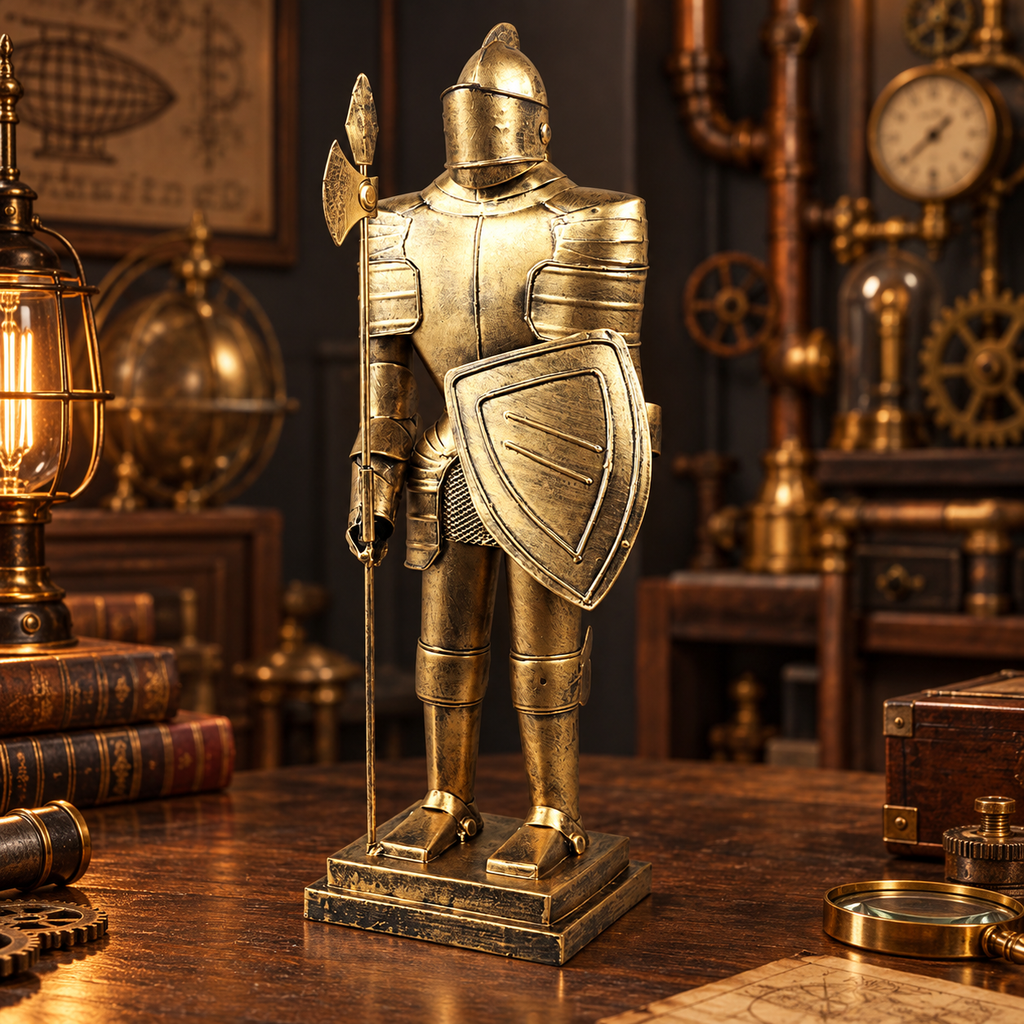 Gold-tone knight armor statue displayed in a steampunk workshop with brass gauges and copper pipes