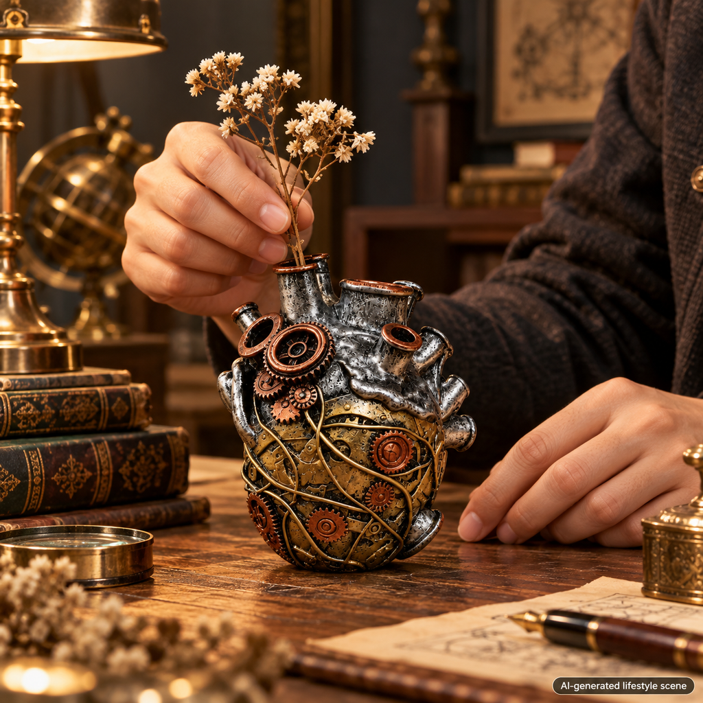 AI-generated lifestyle scene of a person arranging dried stems in a steampunk heart vase