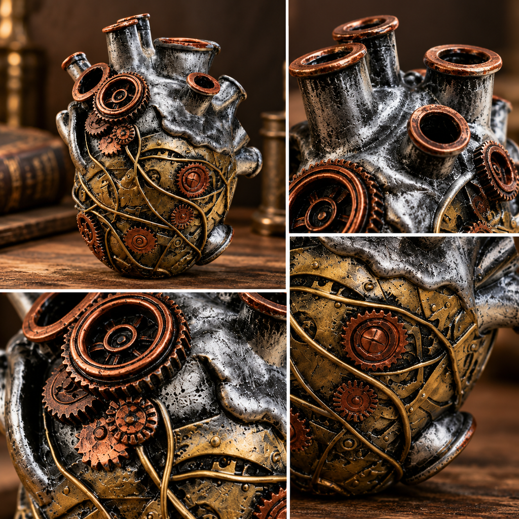 Close-up views of heart vase openings decorative gears and metallic-color resin texture