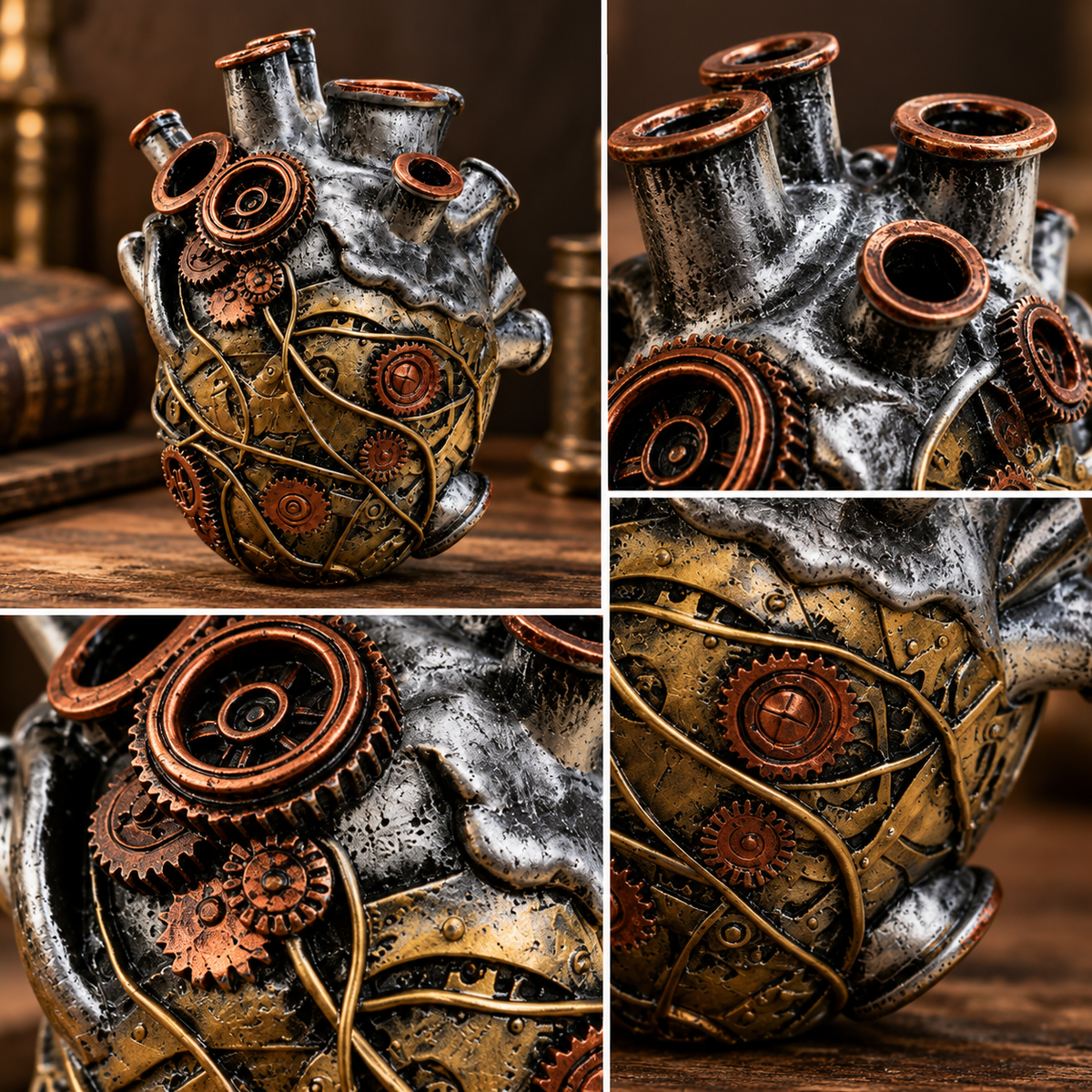 Close-up views of heart vase openings decorative gears and metallic-color resin texture
