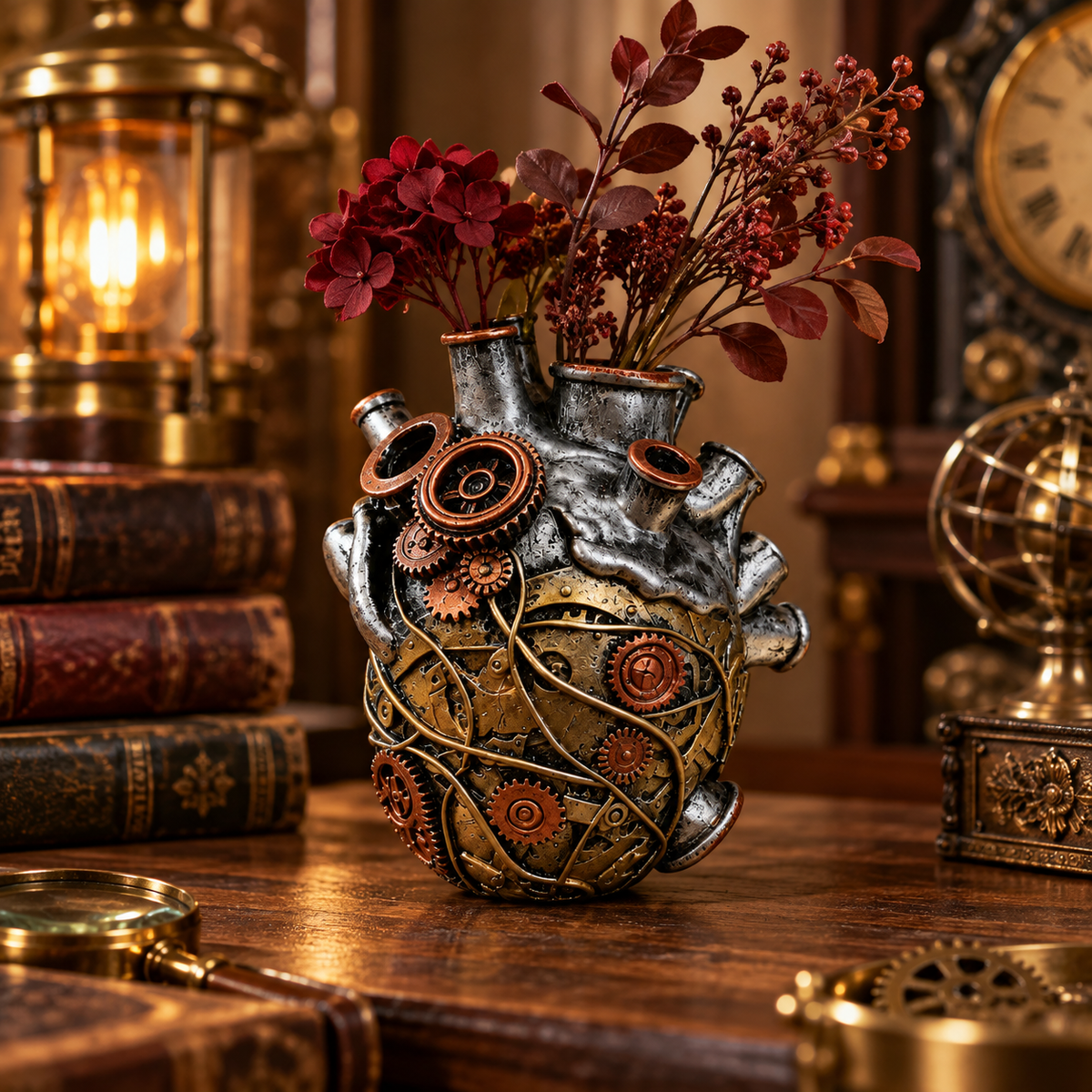 Steampunk heart vase with faux burgundy flowers on a vintage study desk
