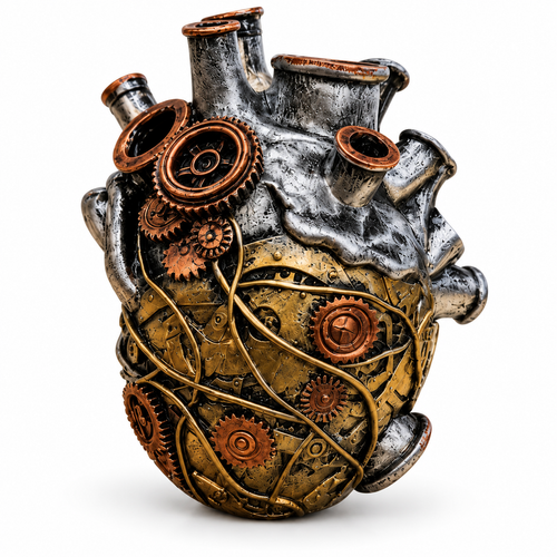 Steampunk anatomical heart resin vase with metallic-color gears on white background