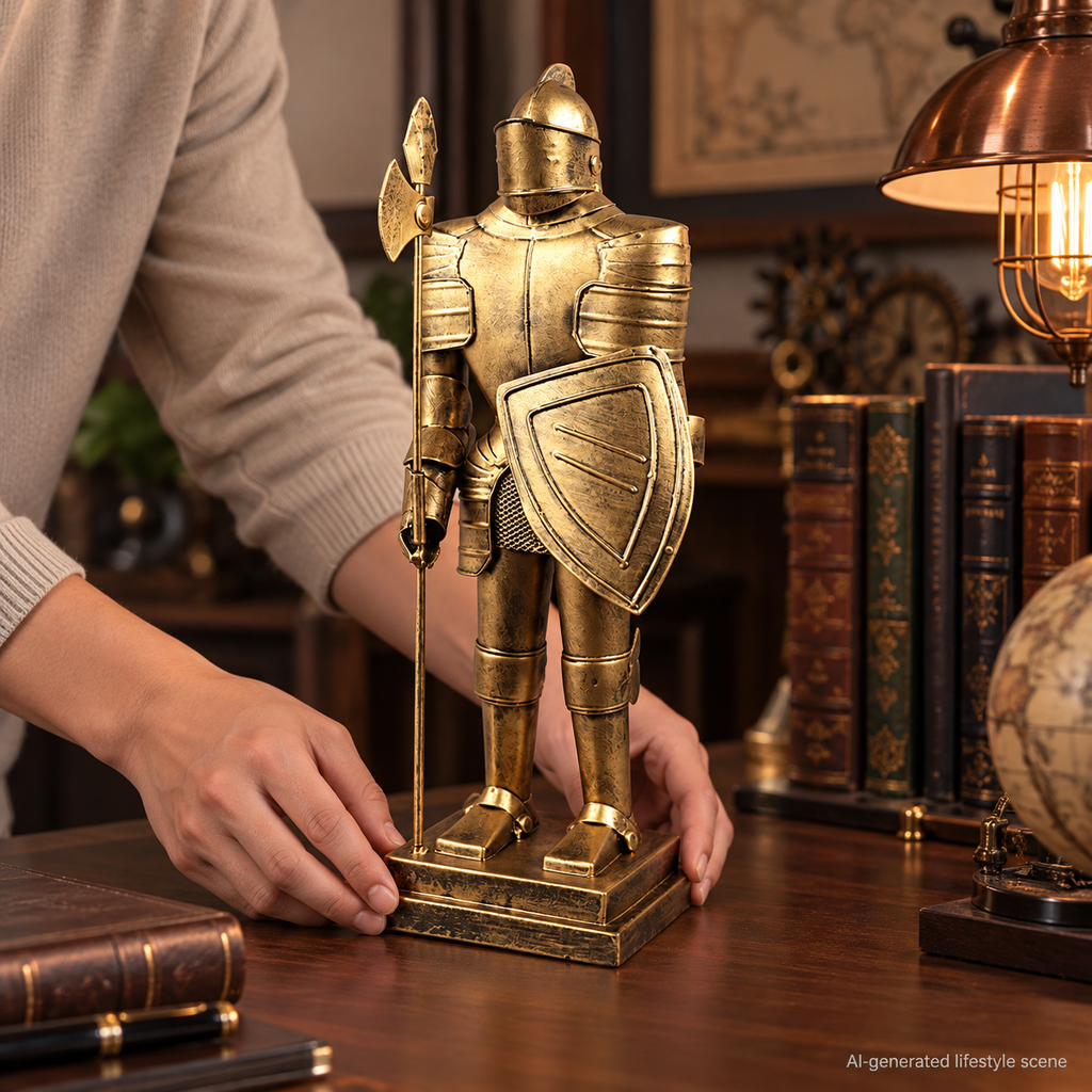 AI-generated lifestyle scene of a person arranging a gold-tone knight statue on a desk