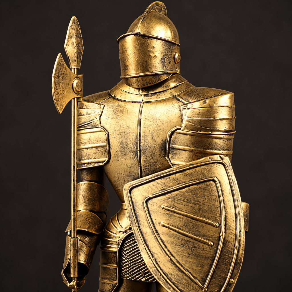 Close-up of gold-tone knight statue helmet shield and hand-painted armor