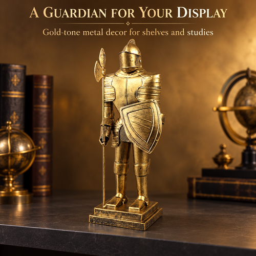 Gold-tone steampunk knight statue showing its decorative display purpose
