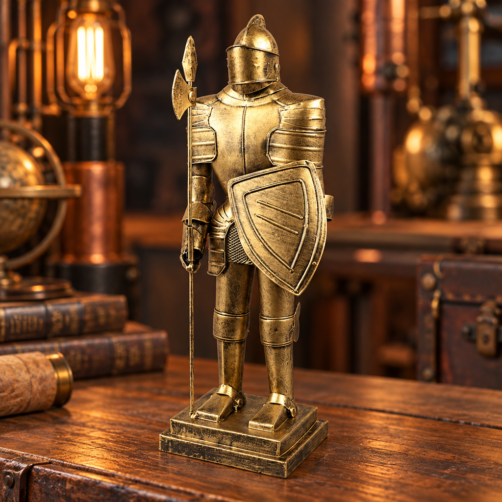 Gold-tone knight statue on a wooden desk with vintage industrial lighting and copper accents