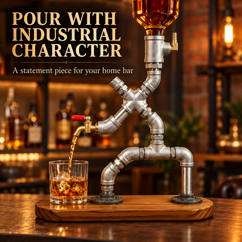 Steampunk pipe robot dispenser demonstrating pouring into a glass