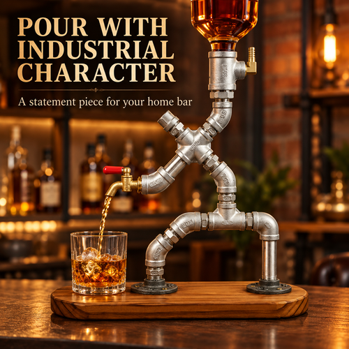 Steampunk pipe robot dispenser demonstrating pouring into a glass