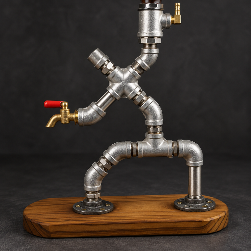 Metal pipe joints brass faucet red lever and wooden base details of steampunk liquor dispenser
