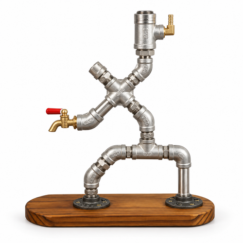 Steampunk pipe robot liquor dispenser with silver metal body brass tap and wooden base on white background