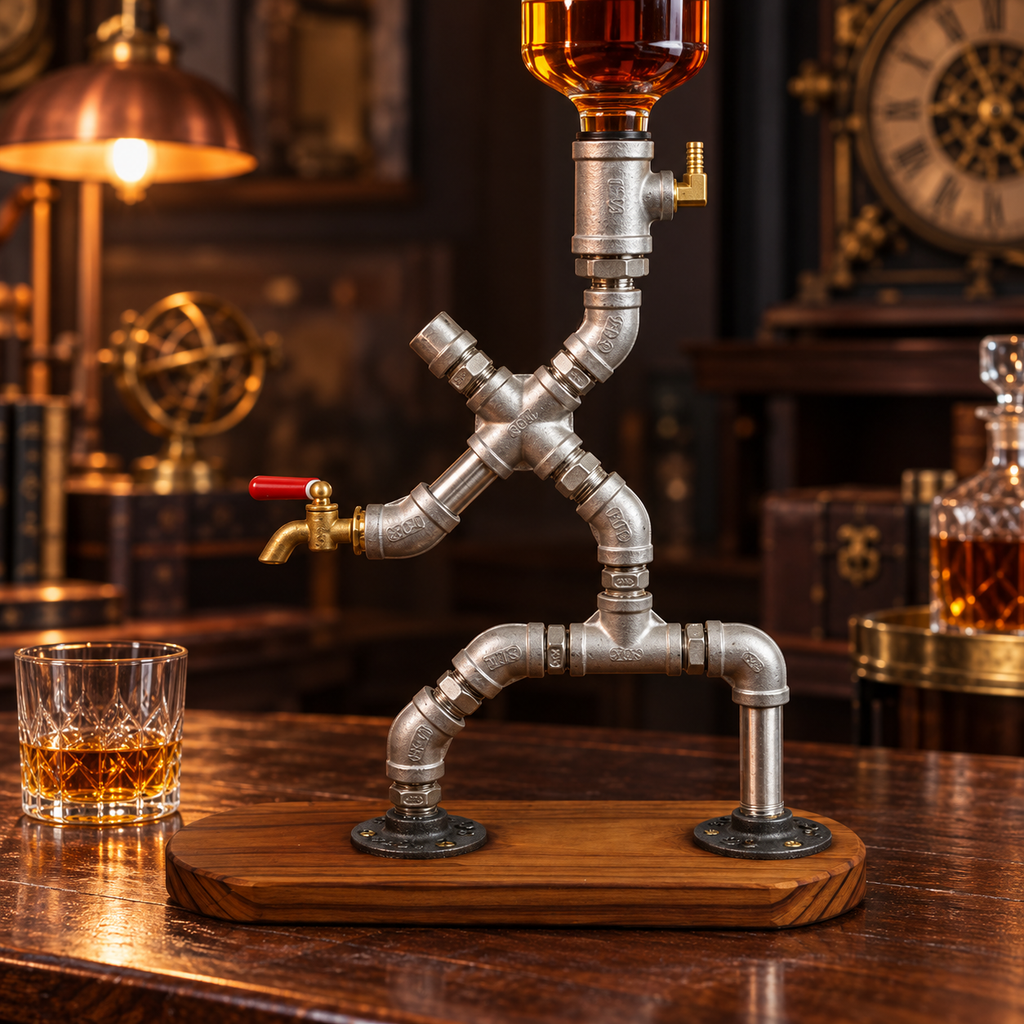 Steampunk pipe robot liquor dispenser displayed on a vintage home bar