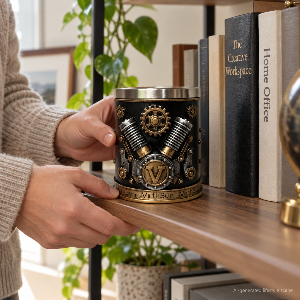 AI-generated lifestyle scene of a person placing a steampunk V8 ornament on a shelf