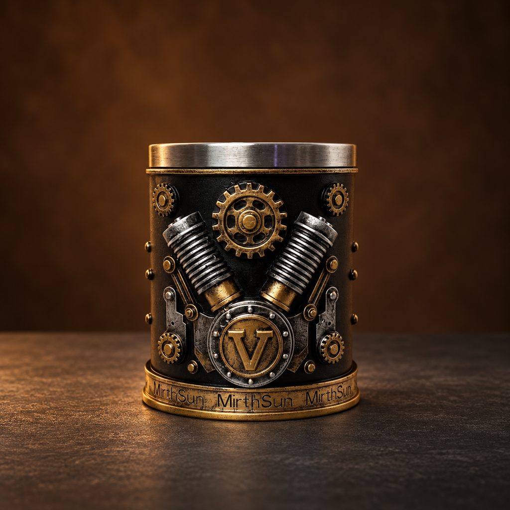 Steampunk V8 decorative ornament with warm studio lighting