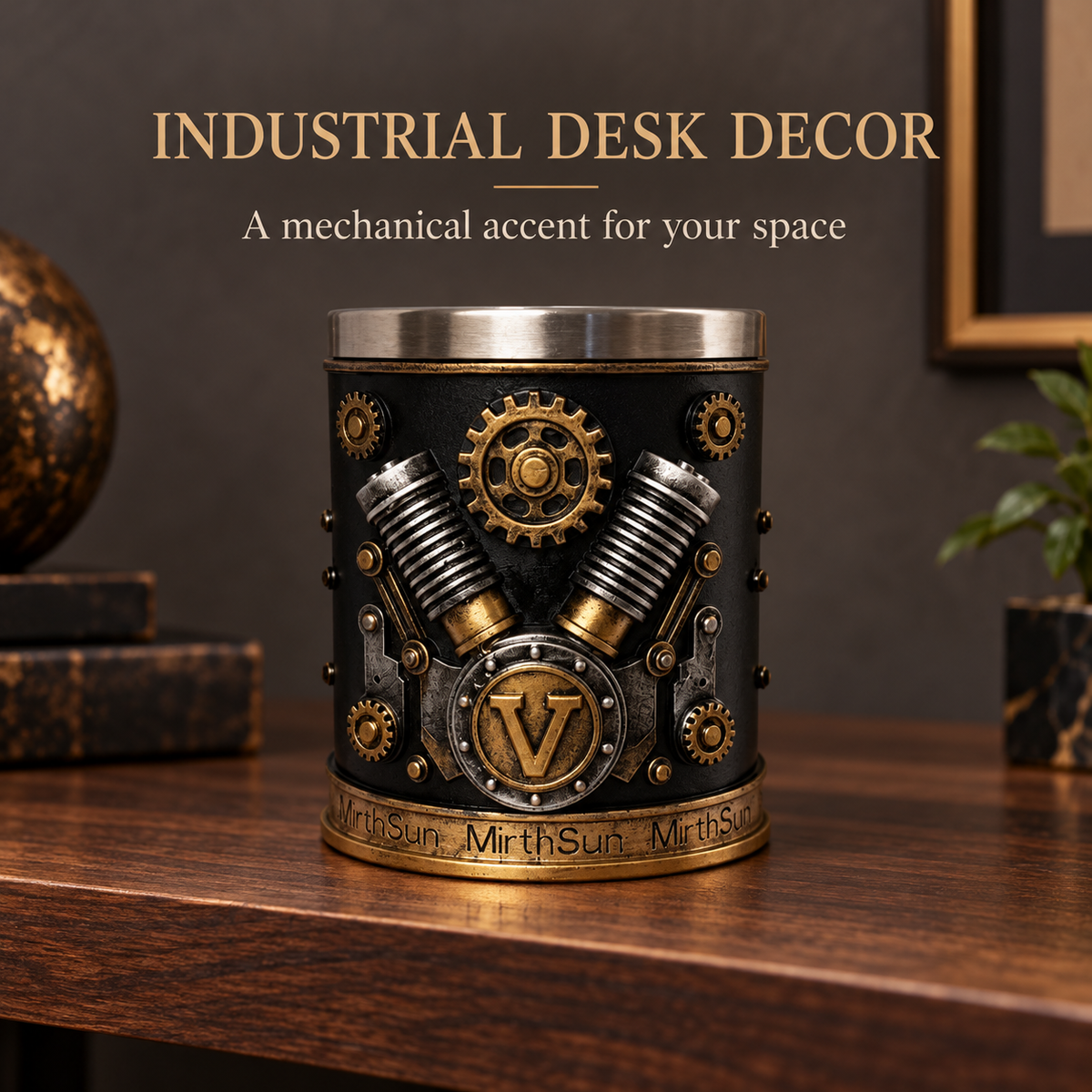 Steampunk V8 resin ornament showing its use as industrial desk decor