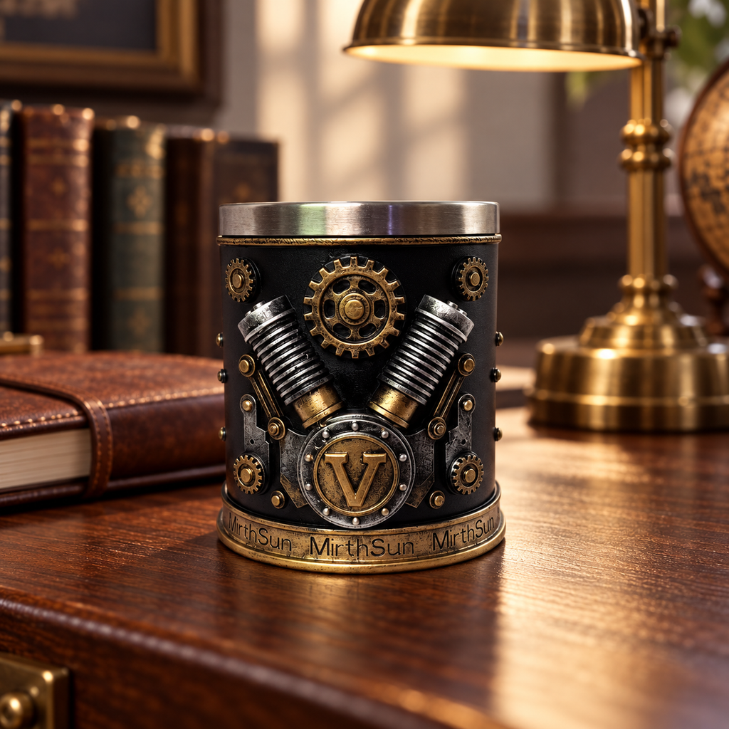 Steampunk V8 engine ornament on vintage office desk