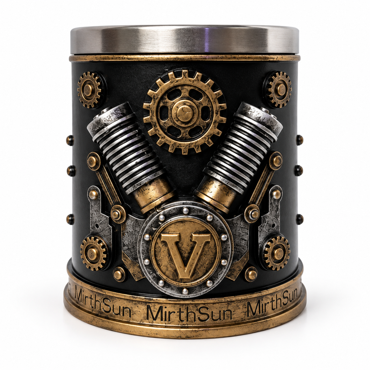 Steampunk V8 engine decorative resin ornament on white background